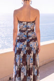 Strapless Coffee A-Line Ruched Chiffon Maxi Floral Dress
