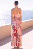 Strapless Coffee A-Line Ruched Chiffon Maxi Floral Dress