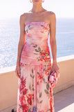 Strapless Coffee A-Line Ruched Chiffon Maxi Floral Dress