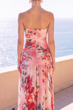 Strapless Coffee A-Line Ruched Chiffon Maxi Floral Dress