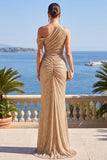 Champagne One Shoulder Mermaid Ruched Long Formal Dress with Sequins