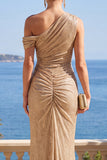 Champagne One Shoulder Mermaid Ruched Long Formal Dress with Sequins