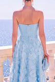 Strapless Blue A-Line Midi Floral Dress with Appliques