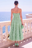 Strapless Blue A-Line Midi Floral Dress with Appliques
