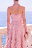 Strapless Blue A-Line Midi Floral Dress with Appliques