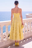 Strapless Blue A-Line Midi Floral Dress with Appliques