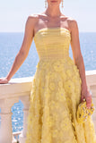 Strapless Blue A-Line Midi Floral Dress with Appliques