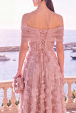 Off the Shoulder Blue A-Line Midi Floral Dress with Lace Up Back