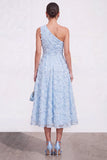 Blue A-Line One Shoulder Floral Midi Dress with Beading