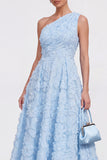 Blue A-Line One Shoulder Floral Midi Dress with Beading