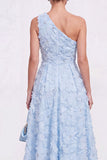 Blue A-Line One Shoulder Floral Midi Dress with Beading