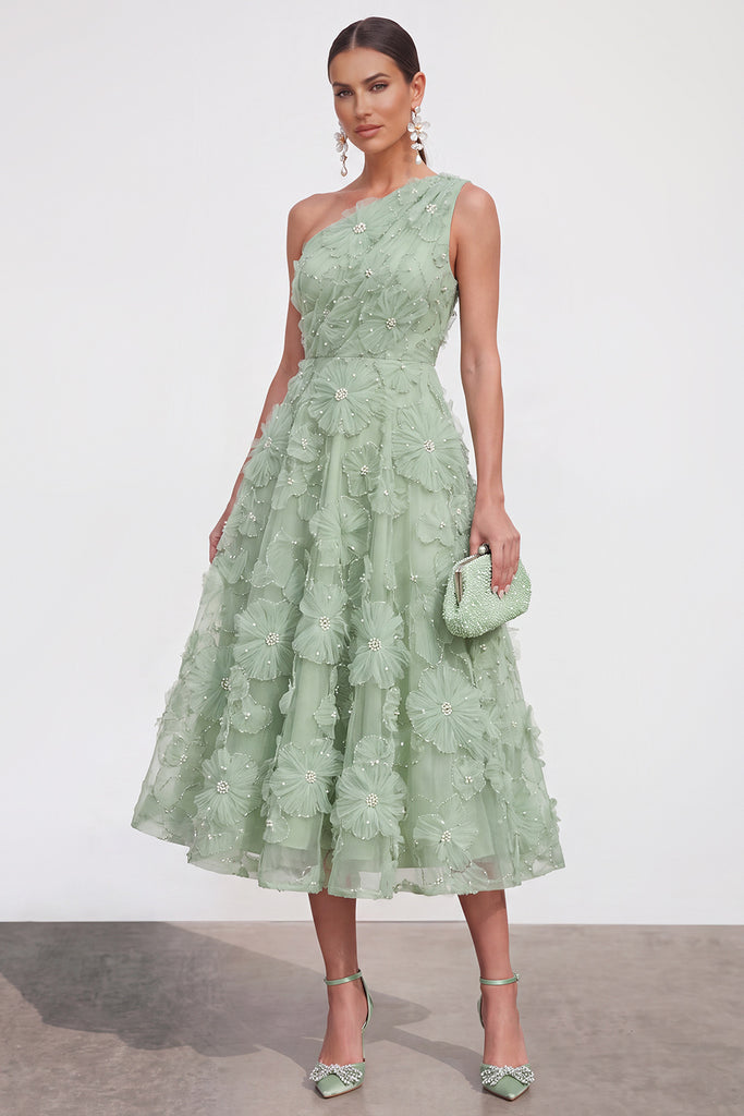 ZAPAKA Women Blue Wedding Guest Dress with Beading Obe Shoulder A-Line