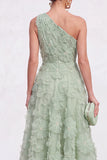 Blue A-Line One Shoulder Floral Midi Dress with Beading