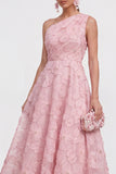 Blue A-Line One Shoulder Floral Midi Dress with Beading