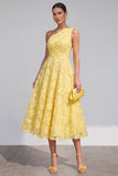 Blue A-Line One Shoulder Floral Midi Dress with Beading