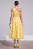 Blue A-Line One Shoulder Floral Midi Dress with Beading
