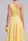 Blue A-Line One Shoulder Floral Midi Dress with Beading