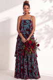 A Line Spaghetti Straps Burnout Velvet Tiered Ruffle Long Bridesmaid Dress