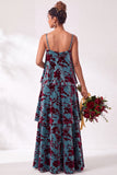 A Line Spaghetti Straps Burnout Velvet Tiered Ruffle Long Bridesmaid Dress