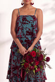 A Line Spaghetti Straps Burnout Velvet Tiered Ruffle Long Bridesmaid Dress