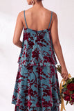 A Line Spaghetti Straps Burnout Velvet Tiered Ruffle Long Bridesmaid Dress