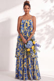A Line Spaghetti Straps Burnout Velvet Tiered Ruffle Long Bridesmaid Dress