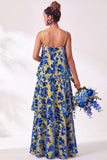 A Line Spaghetti Straps Burnout Velvet Tiered Ruffle Long Bridesmaid Dress