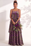 A Line Spaghetti Straps Burnout Velvet Tiered Ruffle Long Bridesmaid Dress