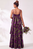 A Line Spaghetti Straps Burnout Velvet Tiered Ruffle Long Bridesmaid Dress