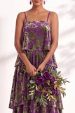 A Line Spaghetti Straps Burnout Velvet Tiered Ruffle Long Bridesmaid Dress