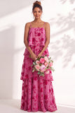 A Line Spaghetti Straps Burnout Velvet Tiered Ruffle Long Bridesmaid Dress