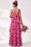 A Line Spaghetti Straps Burnout Velvet Tiered Ruffle Long Bridesmaid Dress