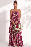 A Line Spaghetti Straps Burnout Velvet Tiered Ruffle Long Bridesmaid Dress