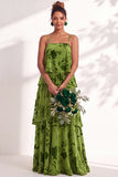 A Line Spaghetti Straps Burnout Velvet Tiered Ruffle Long Bridesmaid Dress
