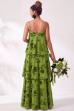 A Line Spaghetti Straps Burnout Velvet Tiered Ruffle Long Bridesmaid Dress