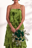 A Line Spaghetti Straps Burnout Velvet Tiered Ruffle Long Bridesmaid Dress