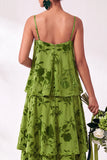 A Line Spaghetti Straps Burnout Velvet Tiered Ruffle Long Bridesmaid Dress