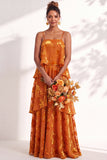 A Line Spaghetti Straps Burnout Velvet Tiered Ruffle Long Bridesmaid Dress
