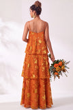 A Line Spaghetti Straps Burnout Velvet Tiered Ruffle Long Bridesmaid Dress