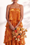 A Line Spaghetti Straps Burnout Velvet Tiered Ruffle Long Bridesmaid Dress