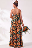 A Line Spaghetti Straps Burnout Velvet Tiered Ruffle Long Bridesmaid Dress