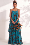 A Line Spaghetti Straps Burnout Velvet Tiered Ruffle Long Bridesmaid Dress