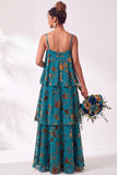 A Line Spaghetti Straps Burnout Velvet Tiered Ruffle Long Bridesmaid Dress
