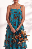 A Line Spaghetti Straps Burnout Velvet Tiered Ruffle Long Bridesmaid Dress