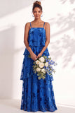 A Line Spaghetti Straps Burnout Velvet Tiered Ruffle Long Bridesmaid Dress