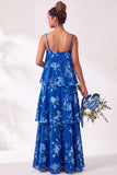 A Line Spaghetti Straps Burnout Velvet Tiered Ruffle Long Bridesmaid Dress