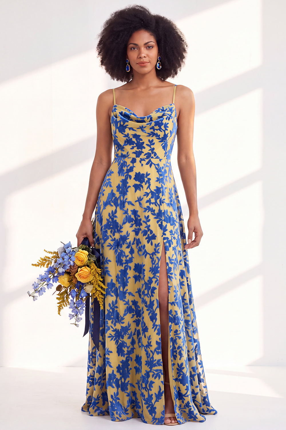 ZAPAKA Women Cowl Neck Floral Velvet Bridesmaid Dress Spaghetti Straps Long A-Line Wedding Party Dress with Slit, Blue Flower / US8