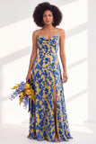 Green A-Line Cowl Floral Velvet Long Bridesmaid Dress with Slit