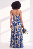 Green A-Line Cowl Floral Velvet Long Bridesmaid Dress with Slit