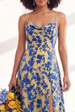 Green A-Line Cowl Floral Velvet Long Bridesmaid Dress with Slit